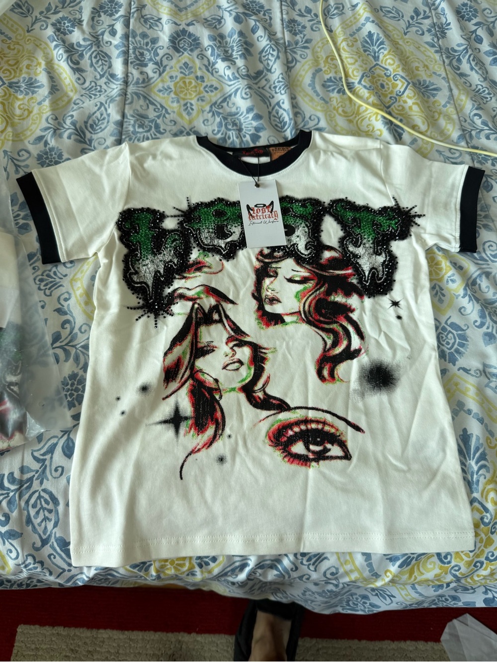 Lost Intricacy Kids 6 to 7T White Graphic Short Sleeve Tee with Black Trim